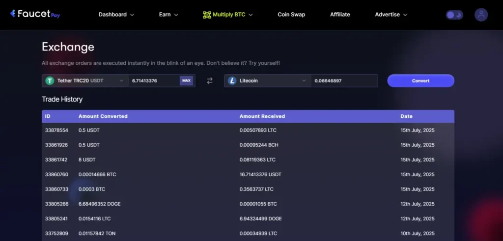 Swap Crypto within the FaucetPay wallet